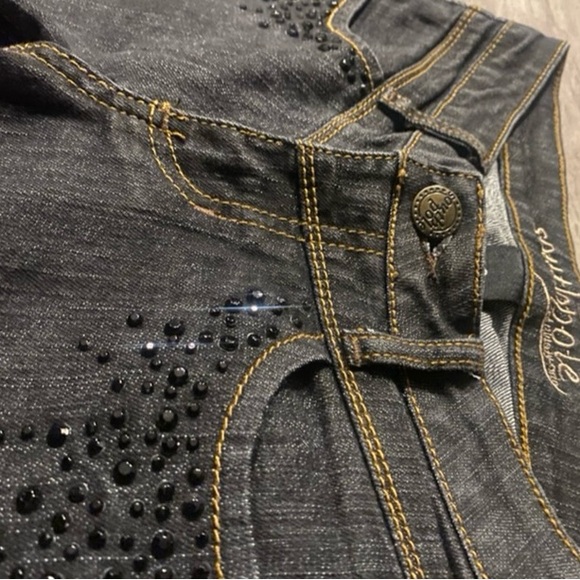 💎 Y2K Southpole Dark Wash Rhinestone Pocket Bootcut Jeans ✨ - Picture 4 of 8